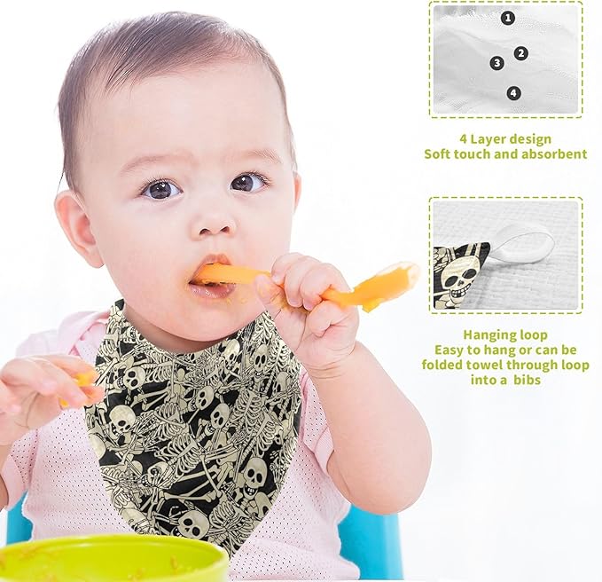 Fun Skull Baby Washcloths Newborn Muslin Burp Cloths 3 Pack Soft Cotton Baby Face Bath Towel Drool Bibs for Infants, Girls and Boys 11.8 x 11.8 Inch