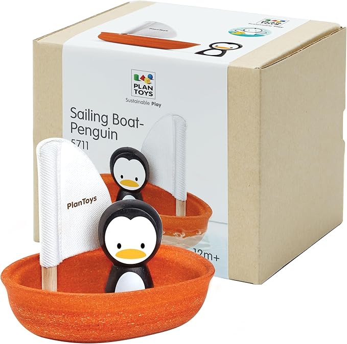 PlanToys® Wooden Penguin Sailing Boat Bath Toy for Toddlers | Montessori Floating Toy for Kids | Eco-Friendly Baby Water Toy for Bathtub, Pool & Water Table