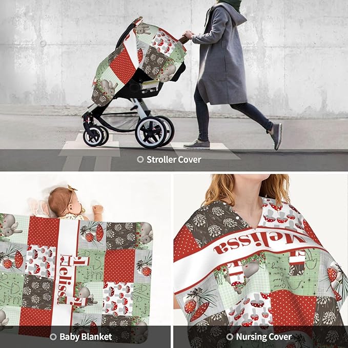 Personalized Baby Car Seat Canopy for Babies with Name, Custom Car Seat Covers for Boys Girls, Mushroom Nursing Breastfeeding Stroller Cover Infant Carseat Canopies for Newborn