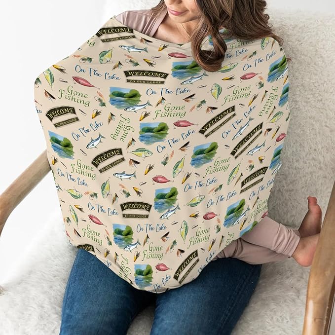Fishing Baby Car Seats Covers Lake Gone Fishing Stretchy 5-in-1 Cover Adjustable Infant Carseat Canopy Cover Outdoor Hunting Camping Breathable Nursing Cover-Up