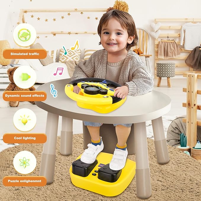 RedCrab Steering Wheels with Brake and Gas Pedals Toy for Kids,Simulated Driving for Toddlers with Light&Music, Pretend Driving Seat Toys, Baby Electric Early Learning Educational Toys (Yellow)