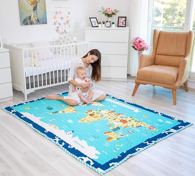 Moiré World Animal Map Learning Baby Play Mat Extra Large 76 in. x 58 Padded Crawling Carpet for Babies