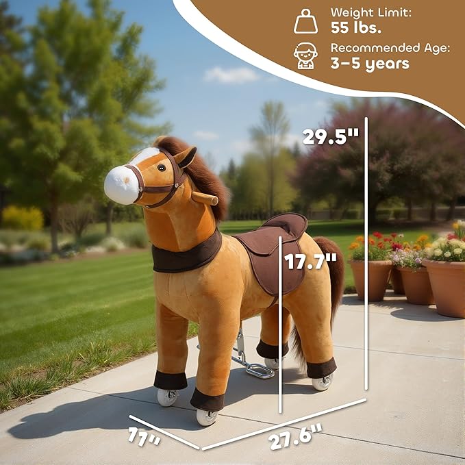 Qaba Ride on Horse for Kids 3-5 Years, 29.5 Inch Height Plush Riding Pony, Walking Horse Animal with Rolling Wheels for Active Play, No Batteries Required, Brown