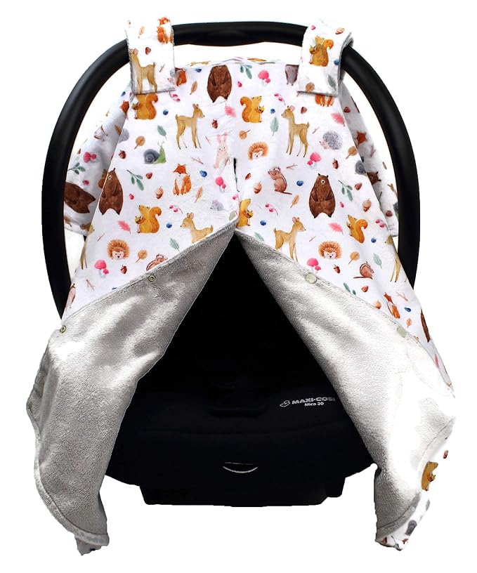 Dear Baby Gear - Baby Car Seat Canopy - Infant Car Seats Covers - Carseat Canopies for Boys & Girls - Toddler Carseat Cover w/Snap Opening (Dainty Forest Animals Nuts and Berries, Light Gray 40"x30")