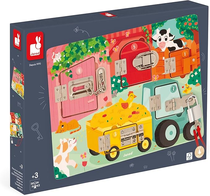Janod Farm Padlocks Board - Latching and Locking Puzzle - Ages 3-6 - J07119