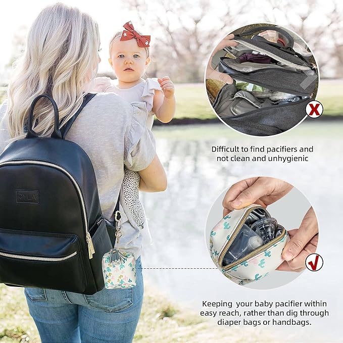 Smlpuame Pacifier Holder Case,BPA Free Leather Baby Pacifier Cover Pouch,Binky Case for Diaper Bag or Purse,Holder 4 Pacifiers or Teether Toy,Outdoor Travel Accessories,Easy to Clean(Cactus)