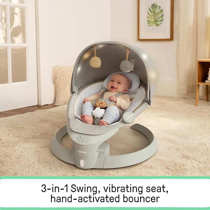 Ingenuity Inlighten Bounce & Sway Swing, Bluetooth Music, Canopy with Lights & Toys, Touch & Remote Controls, 3-in-1 Seat Modes, Machine Washable Pad, Ages 0+ Pebble Shore