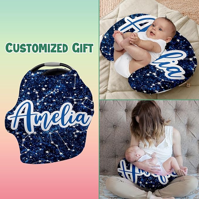 Personalised Car Seat Cover for Girls and Boys - 7 in 1 Multipurpose Blue Print Breast Feeding Cover, Nursing Cover, Grocery Cart Cover - Birthday Gift for Babies