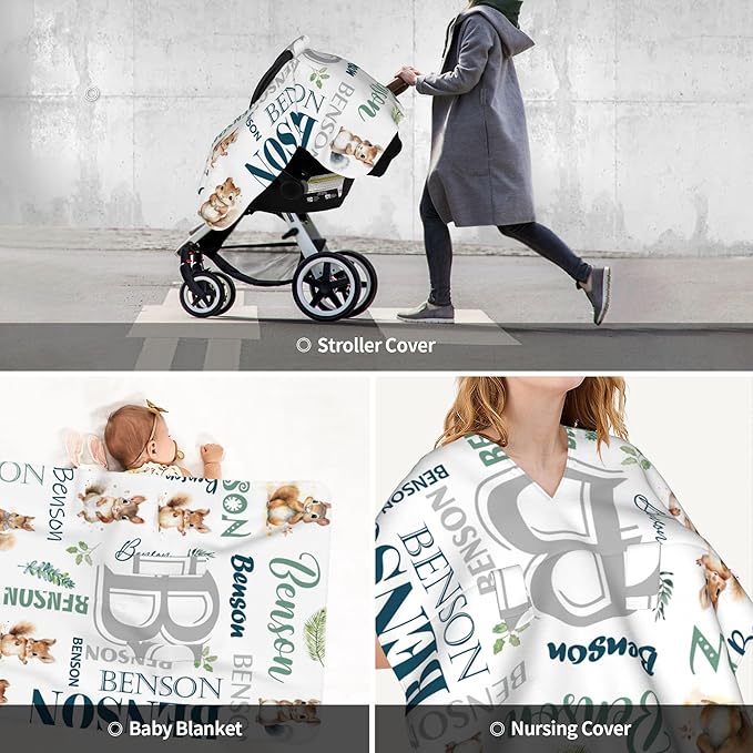 Personalized Winter Car Seat Covers for Babies with Name Squirrel Minky Baby Car Seat Cover for Boys Girls Custom Infant Carseat Covers Baby Blanket Nursing Cover Breastfeeding Scarf