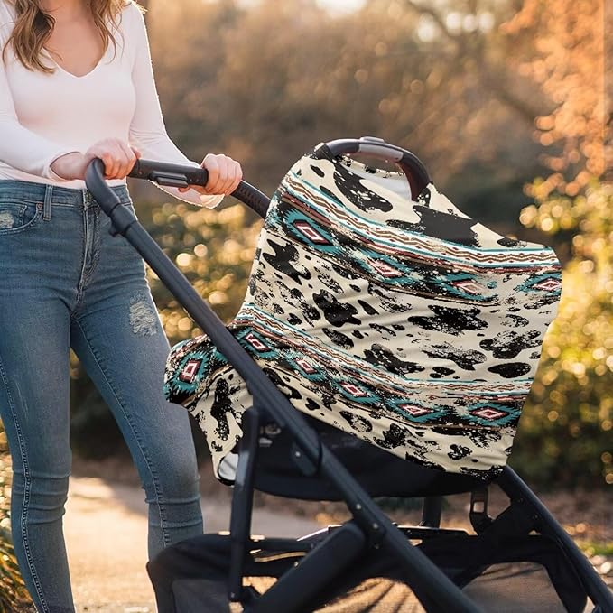 Forchrinse Western Aztec Retro Cow Print Baby Car Seat Canopy for Boys Girls Car Seat Cover Soft Nursing Breastfeeding Cover for Mom
