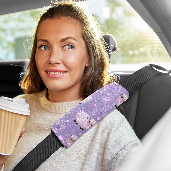 2 Pack Seatbelt Covers Seat Belt Cover Pad for Adults Boys Girls Car Seat Strap Covers Pads Cushion Universal Shoulder Strap Pad Protector for Backpack Camera Bag 6.5 Inch Purple Cute Floral Sheep