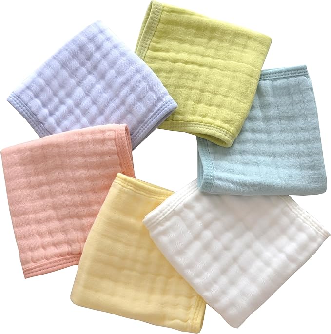 MUKIN Baby Washcloths, Soft Absorbent Cotton Burp Cloths, Burping Cloth for Newborn Sensitive Skin,12x12 inches, 6 Pack (Multicolor)