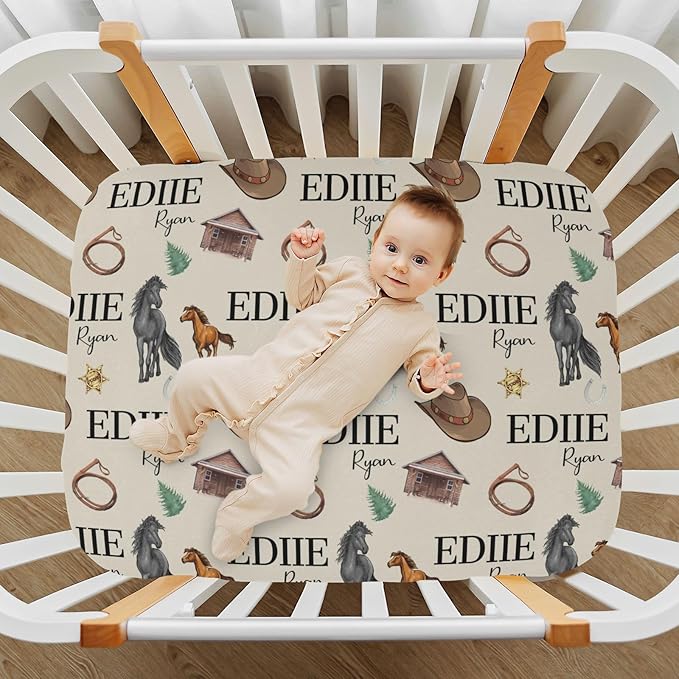 Personalized Pack 'n Play Sheets - Custom Cowboy Mesh Crib Sheets with Baby Name, Soft Breathable Material