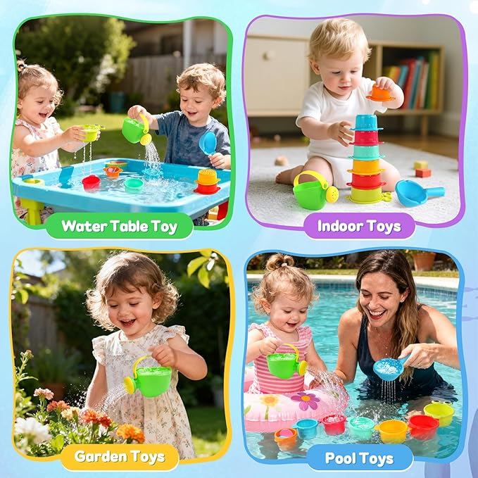 Beach Toys for Toddlers 1-3 Bath Toys Sand Pool Water Table Toys Mold Free Bathtub Toys for 12+ Months Stacking Cups Showerhead Spoon for 1 2 3 4 5 6 Years Old Girls Boys Gifts 9PCS