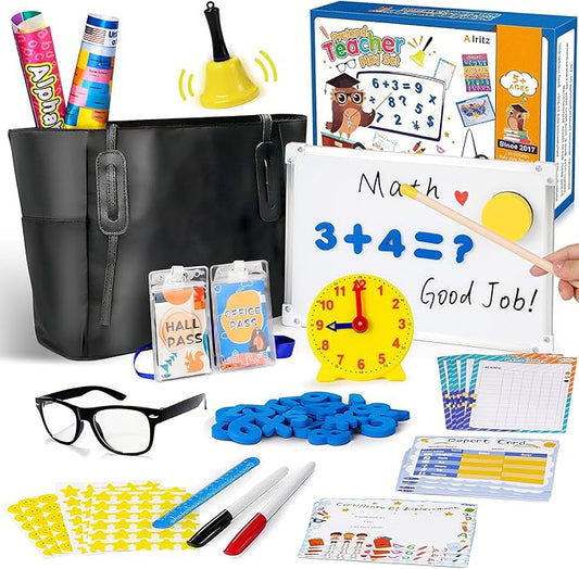 Alritz Pretend Play Teacher Set - Classroom Learning Education Includes Reusable White Board Bell Clock and More, Be Teacher Student, Gift for Boys Girls 5 6 7 8 9 10 11 12 +Years Old