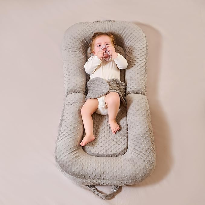 Baby Lounger for Newborn,0-12 Months,Foldable Soft Infant Lounger Pillow for Home and Travel, Baby Nest Lounger with Cover,Multi-Use Portable Baby Lounger for Supervised Play&Tummy Time, Grey