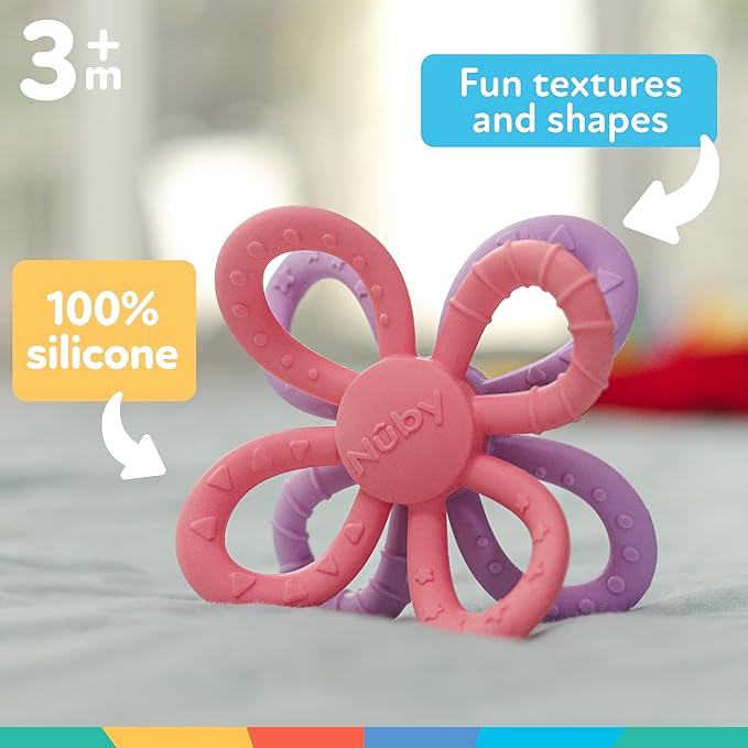 Nuby Fun Loops Teether - Flower-Shaped Infant Teething Toy for Babies - 3+ Months - Pink and Purple - Easter Basket Stuffer
