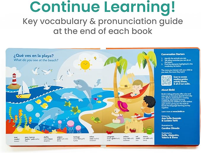 Binibi Bilingual Sound Book for Toddlers 1–3 – Visitando La Playa, Ocean Sounds in Spanish & English, Interactive Board Book. Libro en Español para Niños.