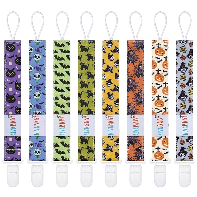 ALVABABY Pacifier Clip 8 Pack Holder Leashes for Newborn Baby Boys Girls Paci Clip Halloween Gifts 8DP04-DA