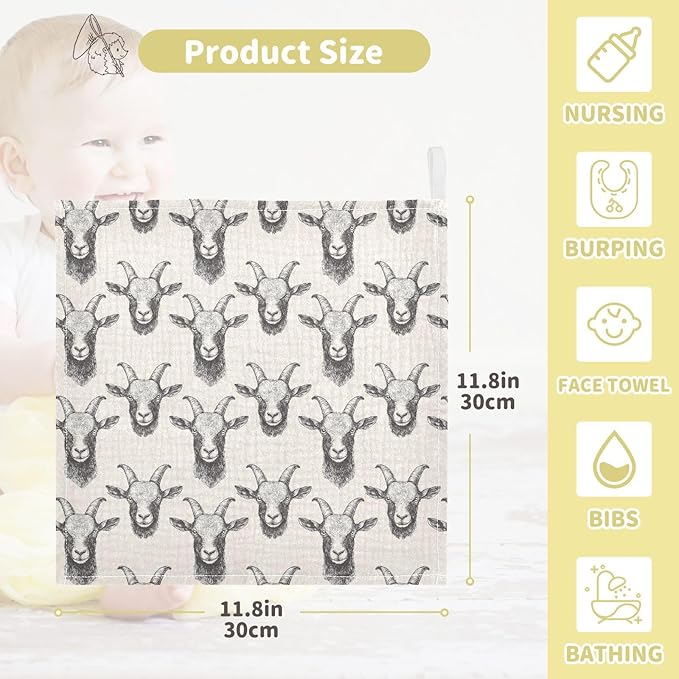 Goat Baby Washcloths Newborn Muslin Burp Cloths 3 Pack Soft Cotton Baby Face Bath Towel Drool Bibs for Infants, Girls and Boys 11.8 x 11.8 Inch