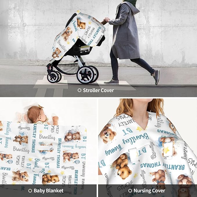 Personalized Baby Car Seat Cover Winter Custom Minky Carseat Cover Boy Girls with Name Bear Carseat Canopy Customized Car Seat Canopy Infant Carrier Covers Nursing Cover Toddler Blanket