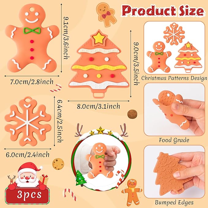 Christmas Baby Silicone Teething Toys - 3Pcs Gingerbread Tree Snowflake Design Baby Soothe Teething Chew Toys Infants Soft Teether Toys Toddler The First Christmas Gifts for Babies Newborn 6-12 Months