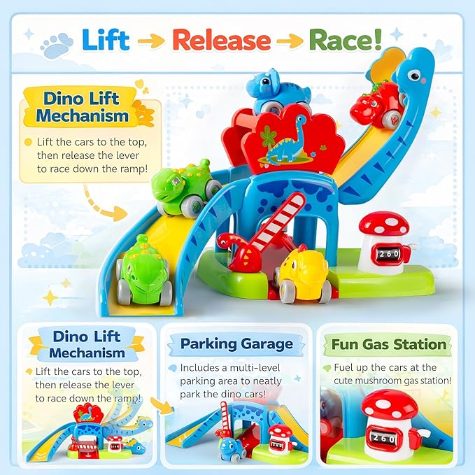 Dinosaur Car Ramp Toy for Toddlers 1-3, Drop & Go Ramp Racer with 4 Mini Cars, Educational Toy for 1 2 Year Old Boys Girls, First Birthday Gift