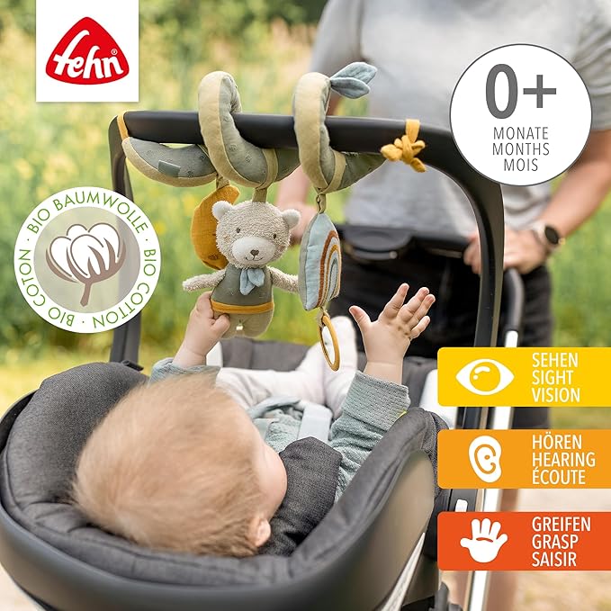 Fehn Activity-Spirale Bär fehnNATUR – Stoff-Spirale mit Lernfunktionen und Bio-Baumwolle aus kontrolliert biologischem Anbau – fördert Babys Sinne zuhause & unterwegs – für Babys ab Geburt