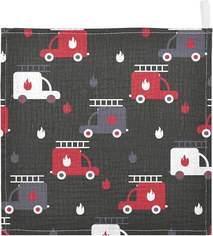 vvfelixl Baby Muslin Washcloths, Firefighters Fire Trucks Baby Burp Cloths, Cotton Baby Face Towel for Newborn Infants Boys Girls Soft and Absorbent 11.8 X 11.8 in, 3 Pack Black