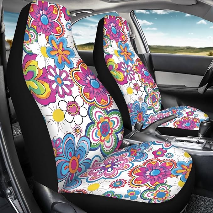 Colorful Hippie Flower Car Seat Covers Set of 2 Waterproof Universal Vehicle Front Seats Interior Protector Easy to Install Interior Protection Suitable Fits Most Car Auto SUV Sedan Truck