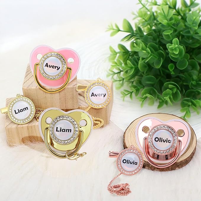 Customized Pacifier with Name, Bling Personalized Pacifier Clip Set with Gift Box, Luxury Crystal Bling Soother Dummy Ideal Gift for Newborn Girls Baby Shower(Red)