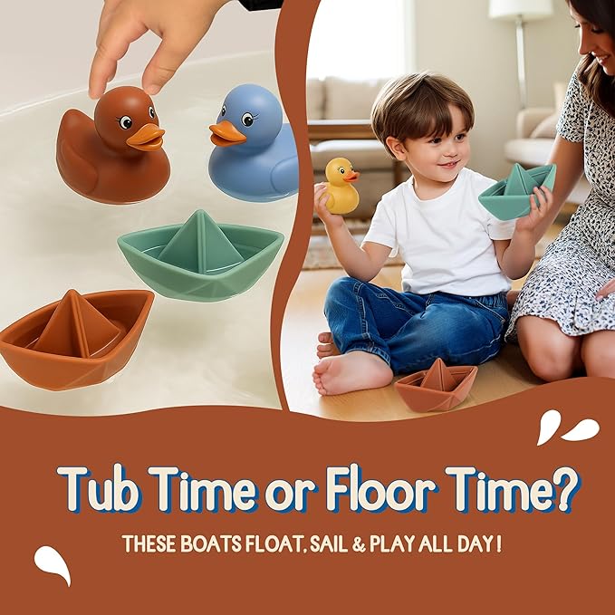Bath Toys for Toddlers 1-3, Soft & Textured Montessori Baby Toys 6-12 Months, Floating Boat & Spraying Duck Bathtub Set, Sensory Water Play for Boys & Girls