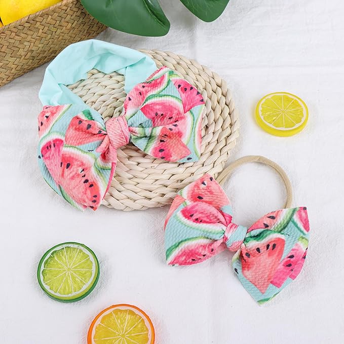 4.5'' Baby Bows Handmade Headbands 6'' Printed Tied Bow Elastic Nylon Hair Accessories for Baby Girls Newborn Infant 2 Pcs Aqua Watermelon