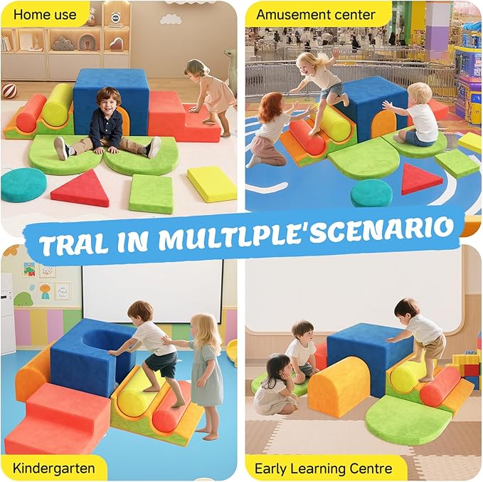 12-Piece Foam Climbing Blocks for Toddlers 1-3, Toddler Climbing Toys Indoor Soft Play Set, Kids Foam Climb Blocks with Tunnel, Steps, Rollers for Crawling, Montessori Indoor Play Gym