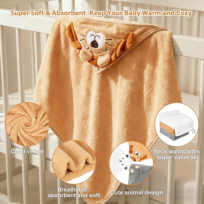 CandyHome 9 PCS Baby Bath Towels for Infants Toddlers, 3 PCS Animal Hooded Baby Towels & 6 PCS Washcloths Set, Ultra Absorbent Soft Cute Newborn Bath Essentials Gifts for Boys & Girls