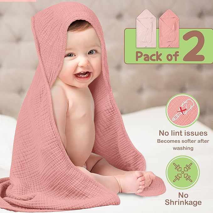 100% Organic Cotton Muslin Baby Hooded Towels 32x32 Inch – 2 Pack Soft & Absorbent Baby Towels for Newborn for Boys & Girls, Premium Hooded Towels, Ultra-Gentle Baby Essentials in Rose/Peach