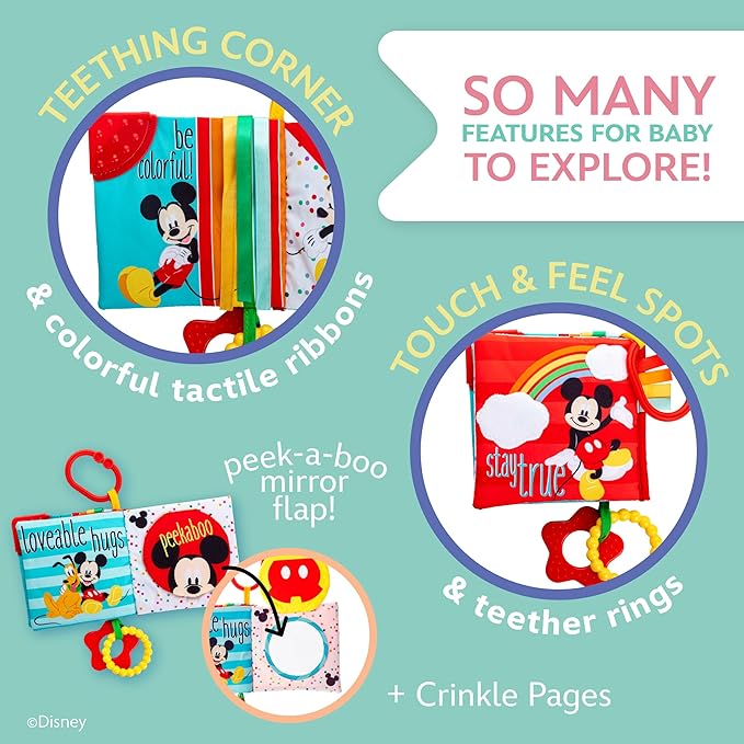 Kids Preferred Disney Baby Mickey Mouse Colorful Crinkle Soft Book with Teething Corner and On-The-Go Clip for Babies