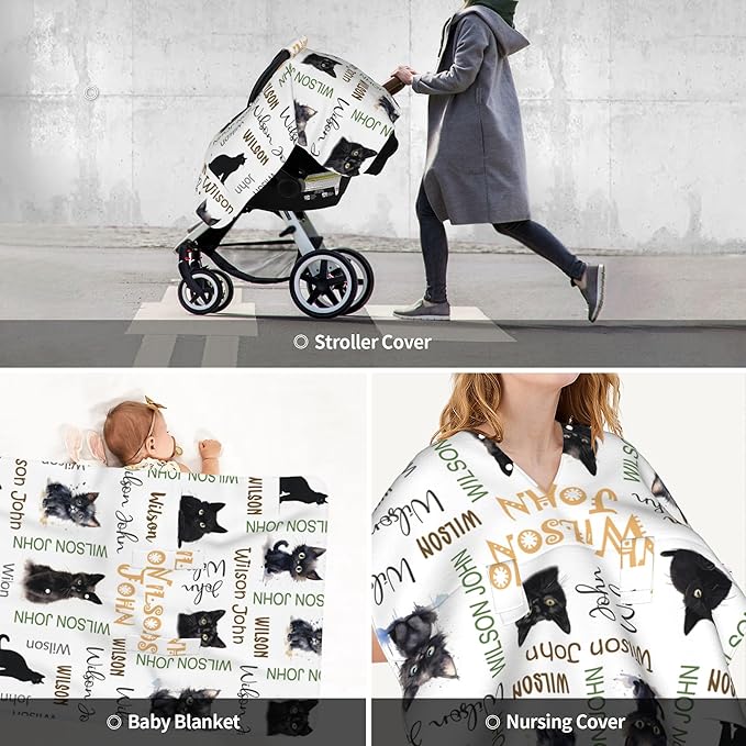 Personalized Baby Car Seat Canopy with Name Custom Minky Cat Car Seat Covers Nursing Cover for Breastfeeding Multi-Use Cover Infant Carrier Carseat Winter Cover for Newborn Girls Boys