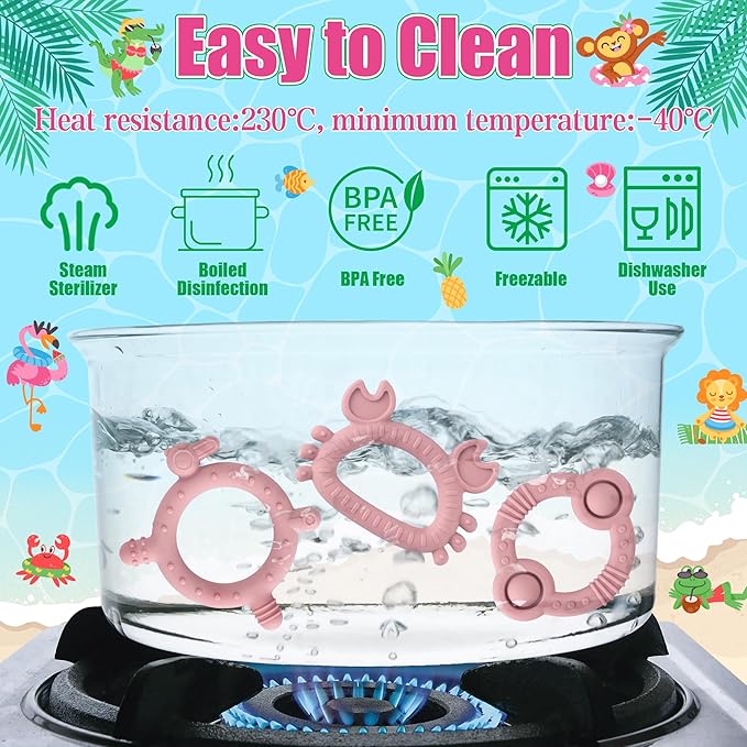 Easter Silicone Teether for Babies - 2ooya 3Pcs Pink Bunny Summer Ocean Animal Infant Teething Chew Toys, Toddler Easy to Grasp Sore Gums Pain Relief Toy for Newborn Boy Girl Baby Shower Easter Gift
