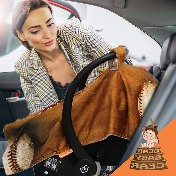 Dear Baby Gear Car Seat Cover for Boys & Girls - Baby Carseat Canopy w/Snap Opening - Infant Seat Cover - Stroller & Nursing Covers - Newborn Carrier Canopy - 40x30" (Slugger Baseball - Smooth Brown)