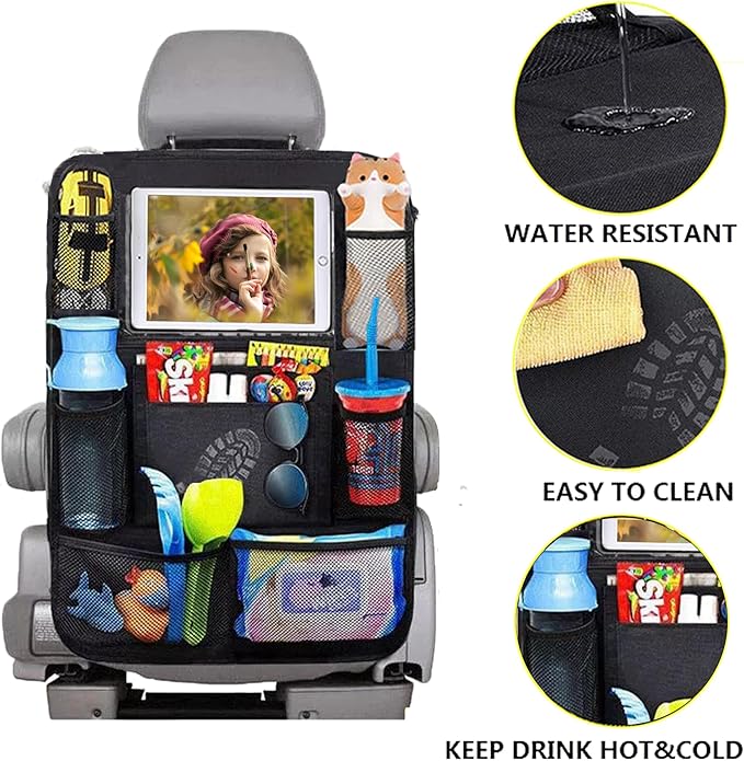Car Backseat Organizer with tablet holder,1Pcs Kick Mats Back Seat Protector with 9 Storage Pockets Travel Accessories Easy to Clean GREY