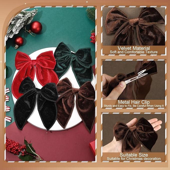 Christmas Hair Bows for Girls, 4 Pcs Velvet Bow Hair Clips Fable Hair Bows Christmas Hair Accessories for Little Girls Toddler Kids
