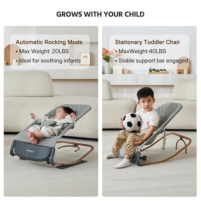 VaVaSoo 2-in-1 Electric Baby Rocker & Toddler Chair (up to 40 lbs), Dual Powered (Type-C or Battery), Motion Sensing Auto-Rocking Adjustable Support Bar for Stationary Seat, Music & Timer