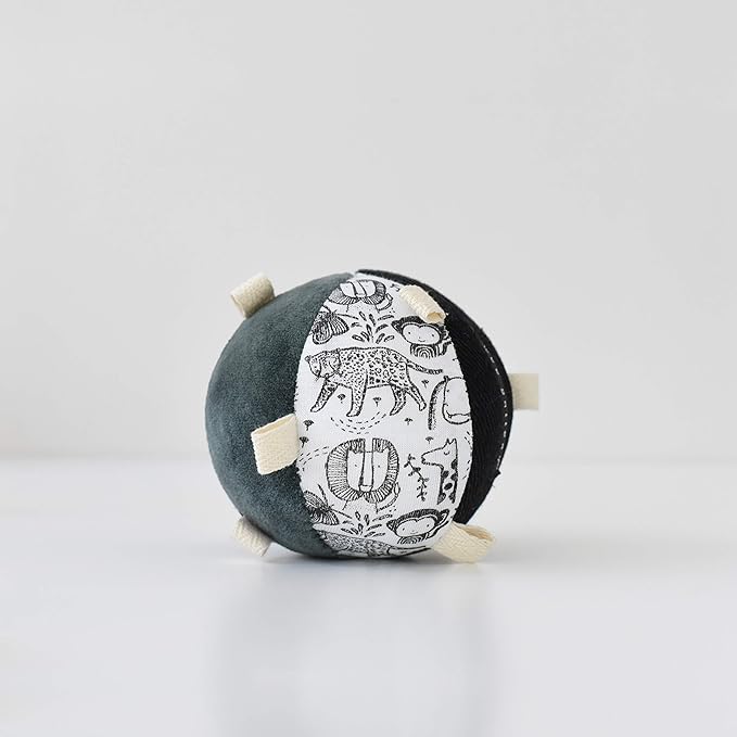 Wee Gallery Taggy Ball with Rattle, Soft Sensory Baby Toy, Sensory Ball with Organic Cotton Fabric, Little Tags & Gentle Rattle for Tummy Time, Grasping & Developmental Play, Wild