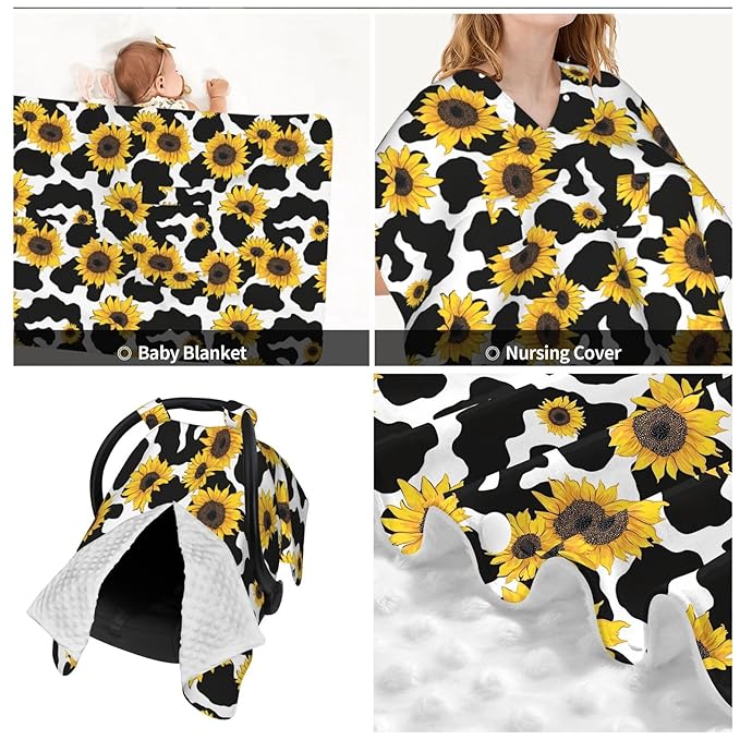 KiuLoam Sunflower Cow Print Pattern Baby Car Seat Canopy, Nursing Cover for Mom Breastfeeding Scarf, Infant Car Seat Cover/Multiuse Baby Stroller Covers for Babies Boys Girls