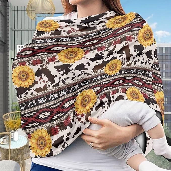 Binienty Sunflower Geometric Stretchy Car Seat Cover Canopies for Babies, Brown Cow Print Multi Use Shopping Cart/High Chair/Breastfeeding Cover