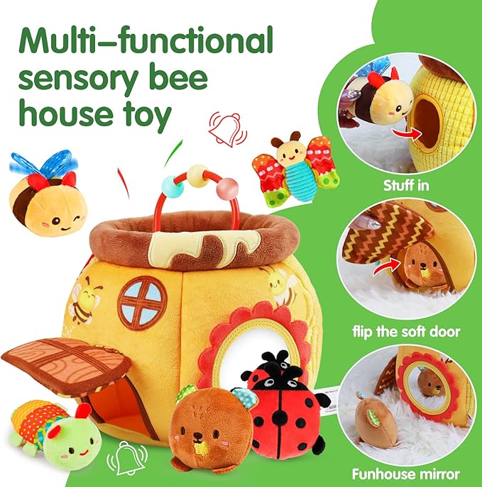 Thremhoo Baby Toys 6-12 Months - Soft Beehive with 5 Stuffed Animals, Rattle, Crinkle, Mirror, Montessori Sensory Toys for Babies 6 7 8 9 10 Months Old Baby Boy Girl Shower Gifts Ages 0-2