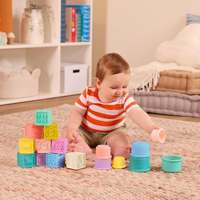 B. toys – Sensory Baby Toys – Soft Baby Blocks – Stacking Drip Cups – Numbers, Shapes & Animals – 6+ Months – Stackin' Squishies