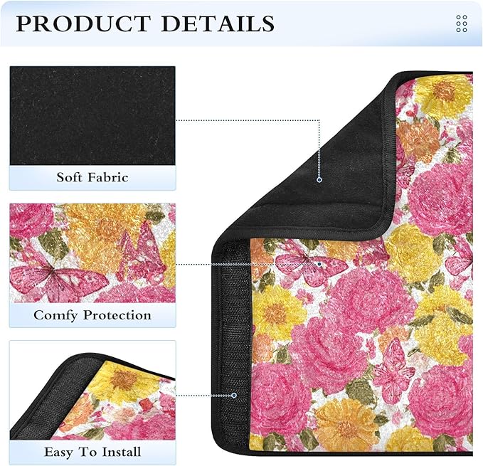 2 Pack Seatbelt Covers Seat Belt Cover Pad for Adults Boys Girls Car Seat Strap Covers Pads Cushion Universal Shoulder Strap Pad Protector for Backpack Camera Bag 6.5 Inch Roses Bloom and Butterflies