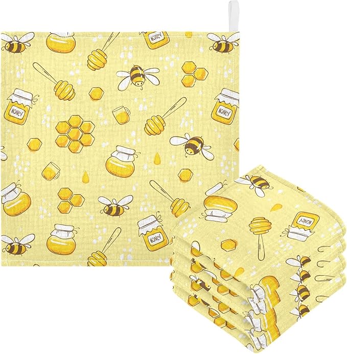 Baby Washcloths Cotton Flying Bees Honey Baby Muslin Washcloths Soft Baby Face Towel for Newborn Infants Baby Wipes, 11.8 X 11.8 Inch, 3 Pack Yellow